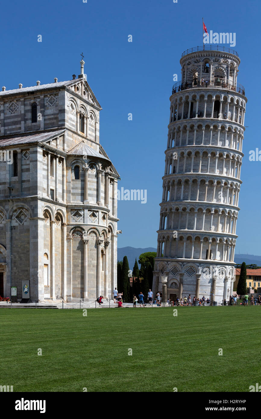 The bell tower of the Cathedral, known as The Leaning Tower of Pisa, is the most famous image of the city of Pisa in Italy. Stock Photo