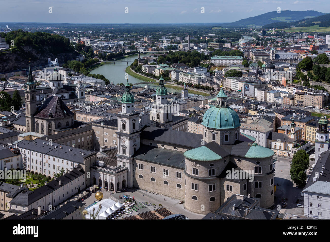 View from Hohensalzburg Castle above the city of Saltzburg in Austria. Salzburg is the fourth-largest city in Austria. Stock Photo