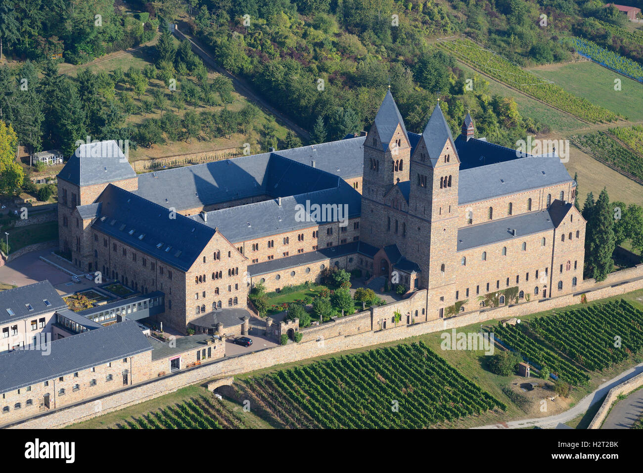 AERIAL VIEW. St. Hildegard Abbey. Rüdesheim am Rhein, Hesse, Germany. Stock Photo