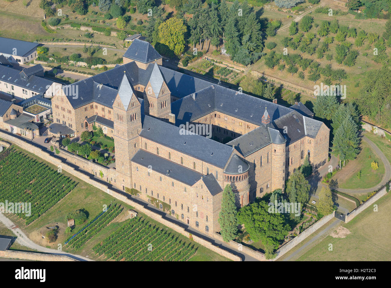 AERIAL VIEW. St. Hildegard Abbey. Rüdesheim am Rhein, Hesse, Germany. Stock Photo