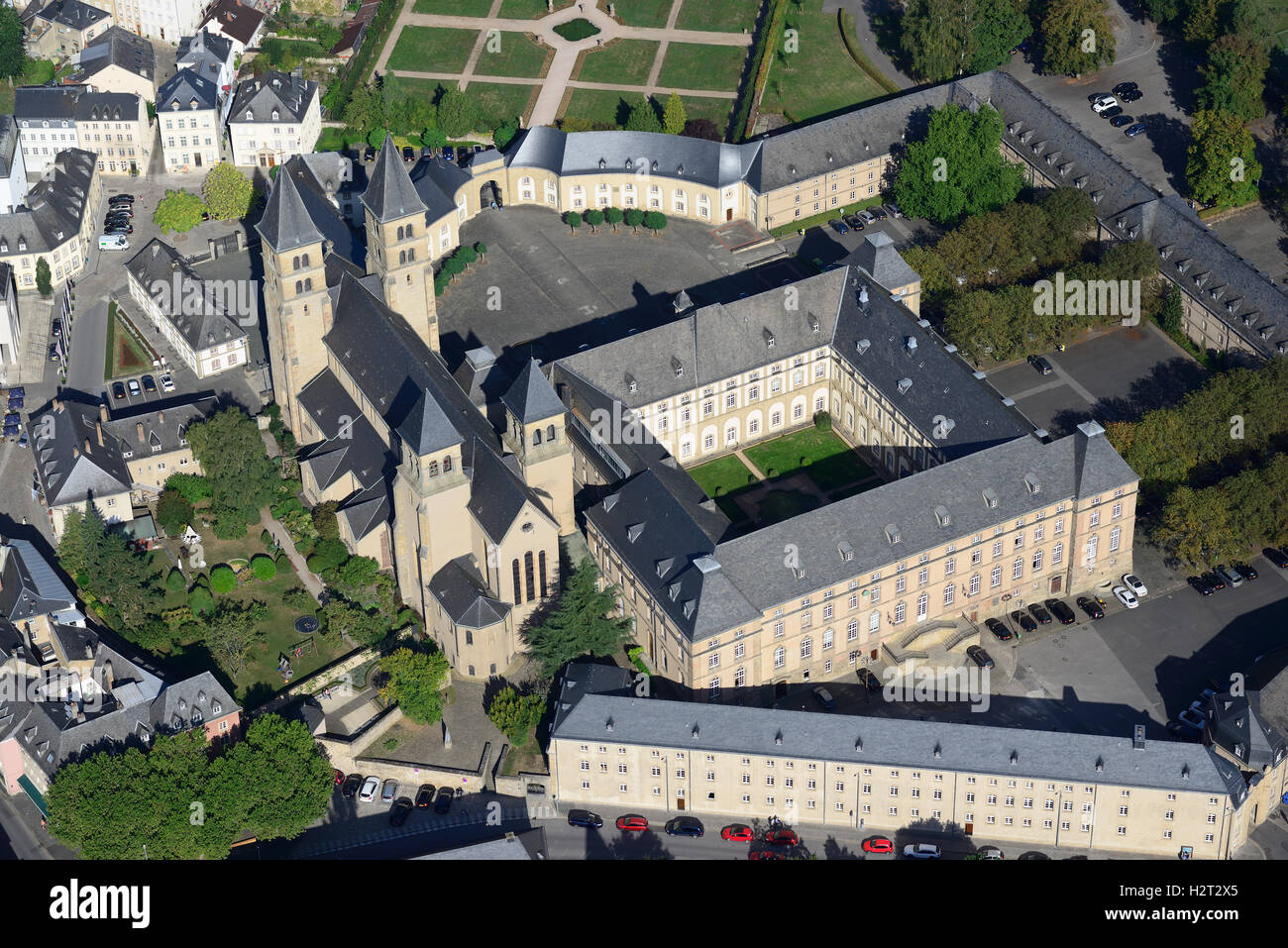 AERIAL VIEW. Echternach Abbey. District of Grevenmacher, Luxembourg. Stock Photo
