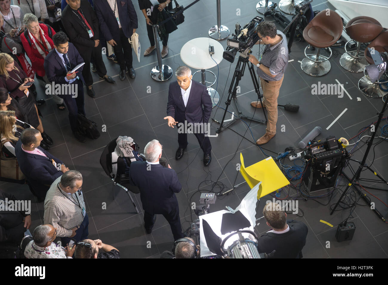 Newly elected Mayor of London,Sadiq Khan,gives an interview at the Labour party conference in Liverpool 2016 Stock Photo