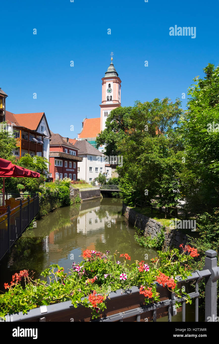River Kammel and Church St. Michael, Krumbach, Swabia, Bavaria, Germany Stock Photo