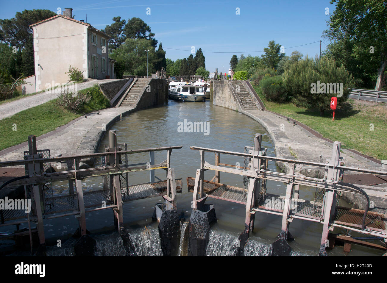 Tourist boat on Canal du Midi, France, Europe Stock Photo