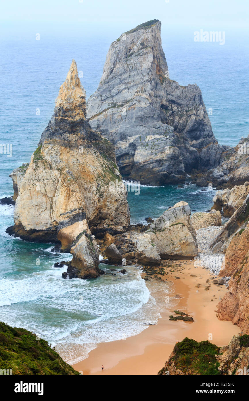 Atlantic ocean coast (granite boulders and sea cliffs) in cloudy ...