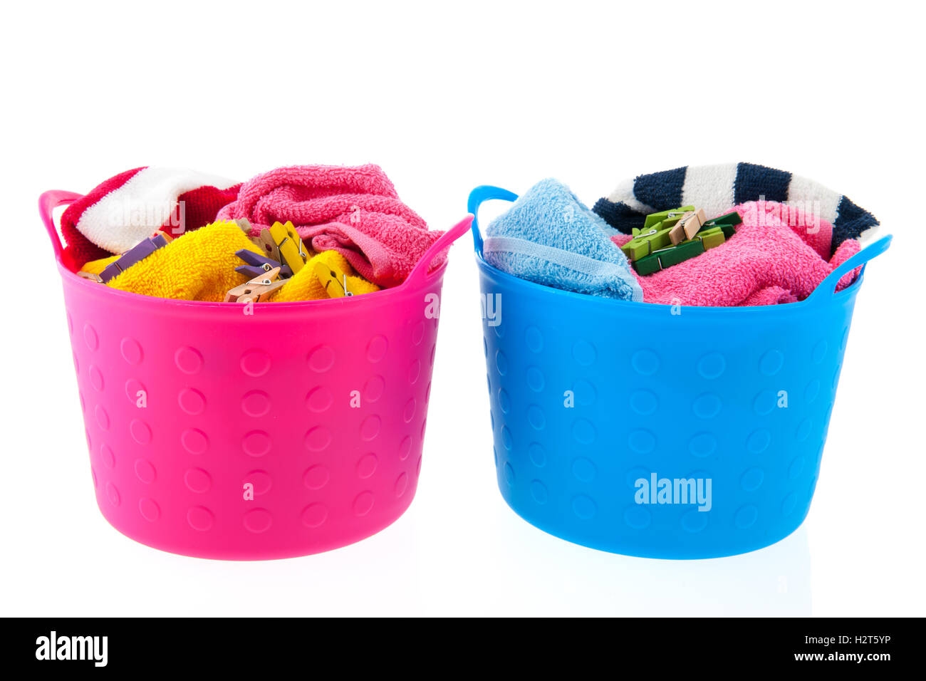 Laundry baskets in pink and blue Stock Photo
