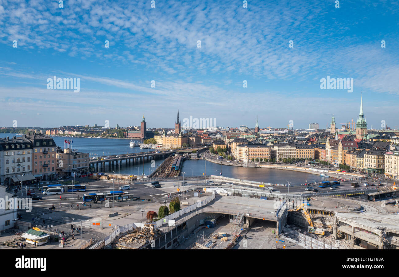 View from Katarina elevator towards Slussen and Stockholm Stock Photo