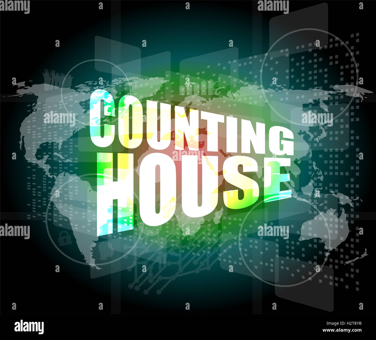 counting house words on digital screen with world map Stock Photo