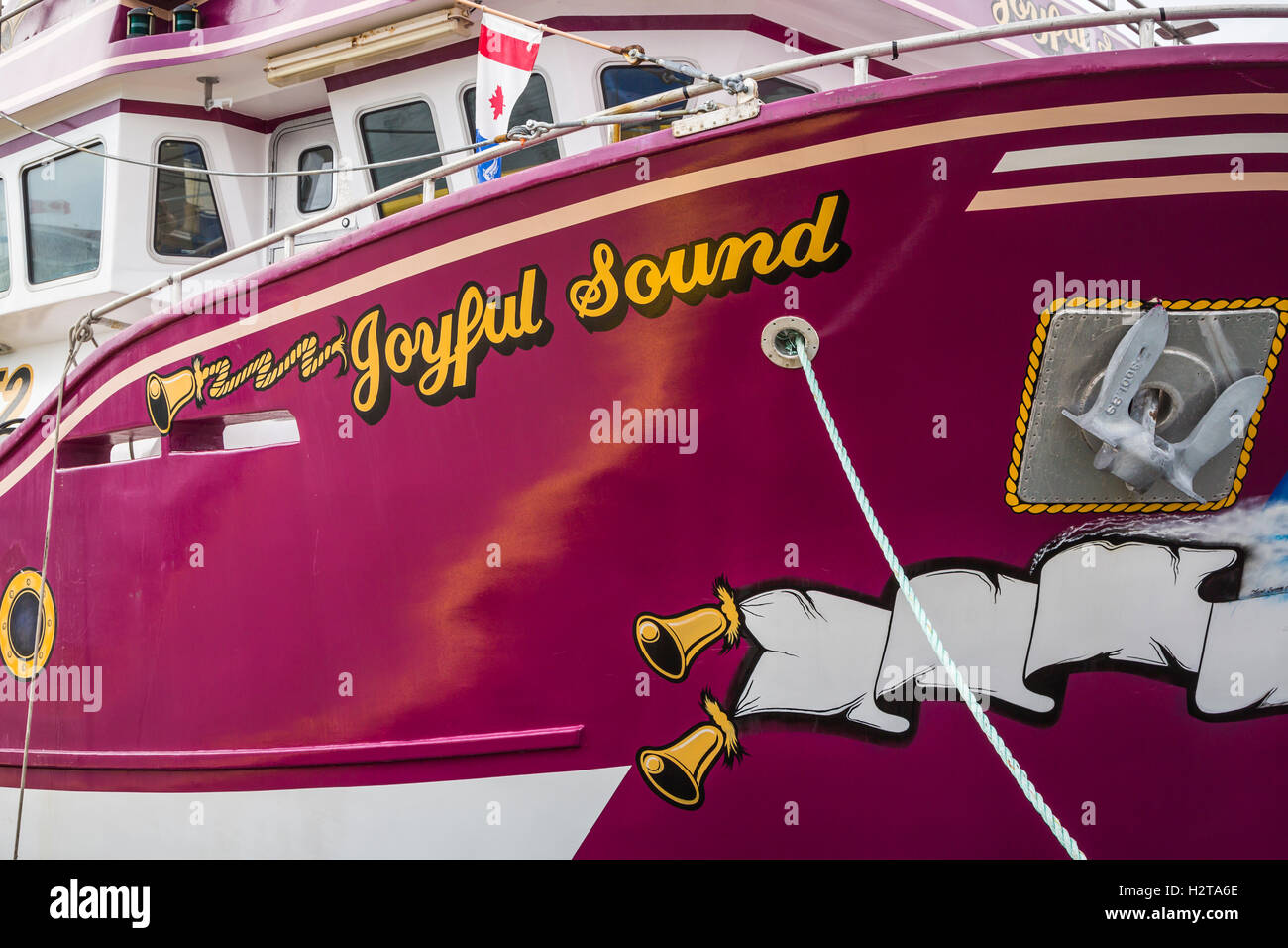 Closeup of a fishing boat in the harbor at Port de Grave, Newfoundland