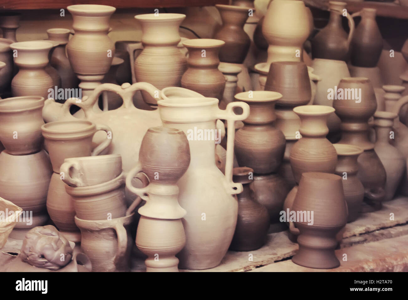 Clay pots background handmade art. Vintage, retro style pots background