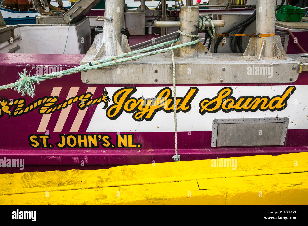 Closeup of a fishing boat in the harbor at Port de Grave, Newfoundland