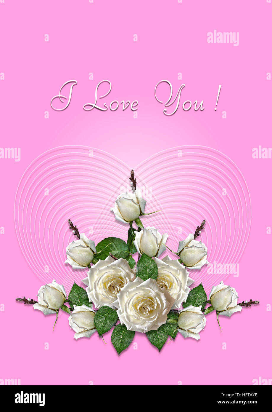 Pink greeting card with a bouquet of white roses Stock Photo - Alamy