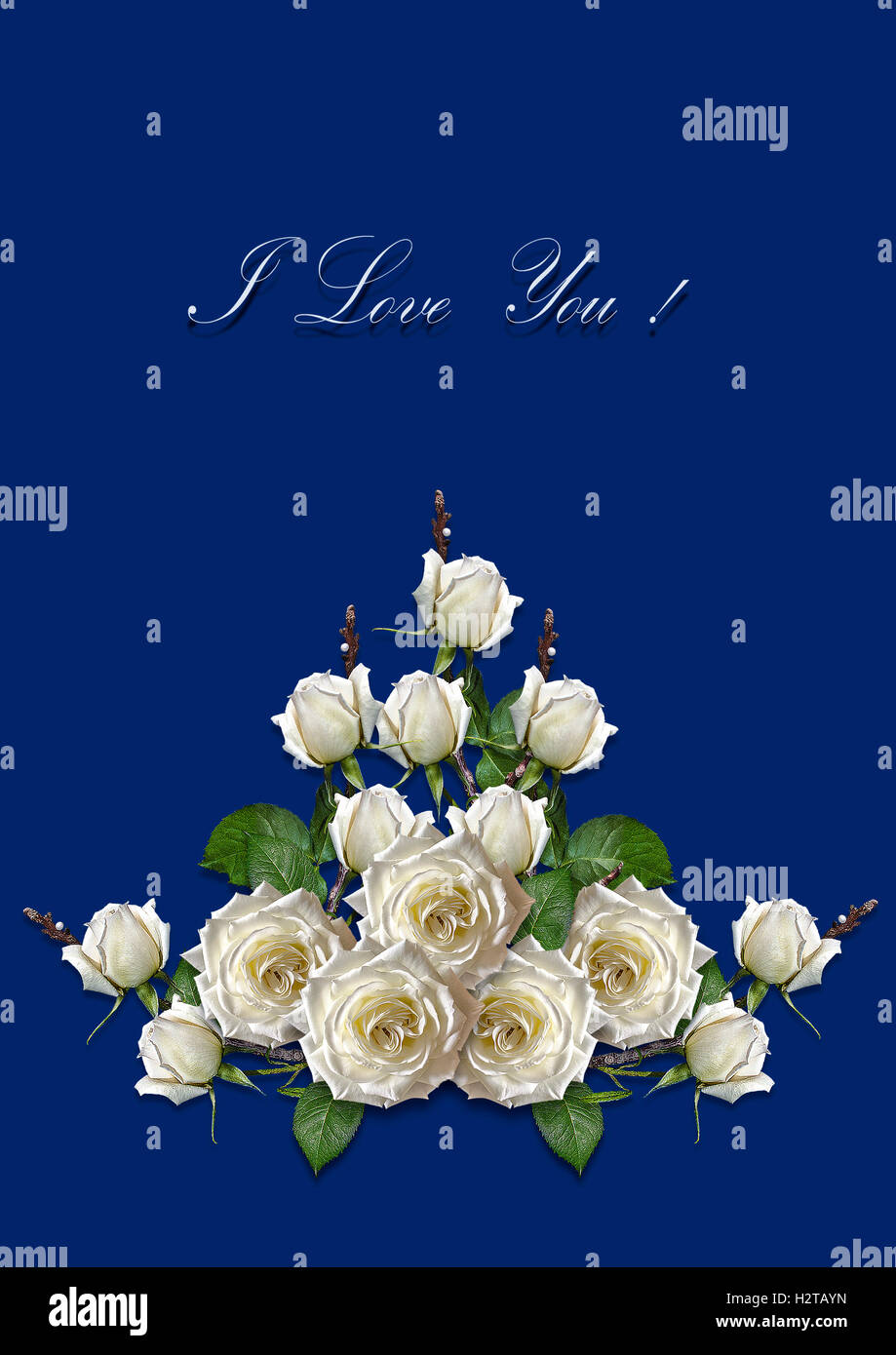 Bouquet of white roses on a blue background Stock Photo - Alamy