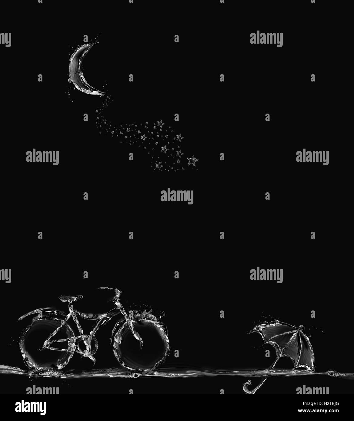 A magical scene with a bicycle, umbrella, and crescent with a star trail. Stock Photo