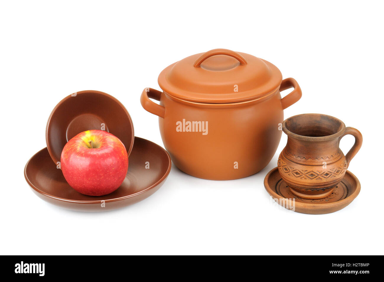 set of earthenware crockery isolated on white background Stock Photo