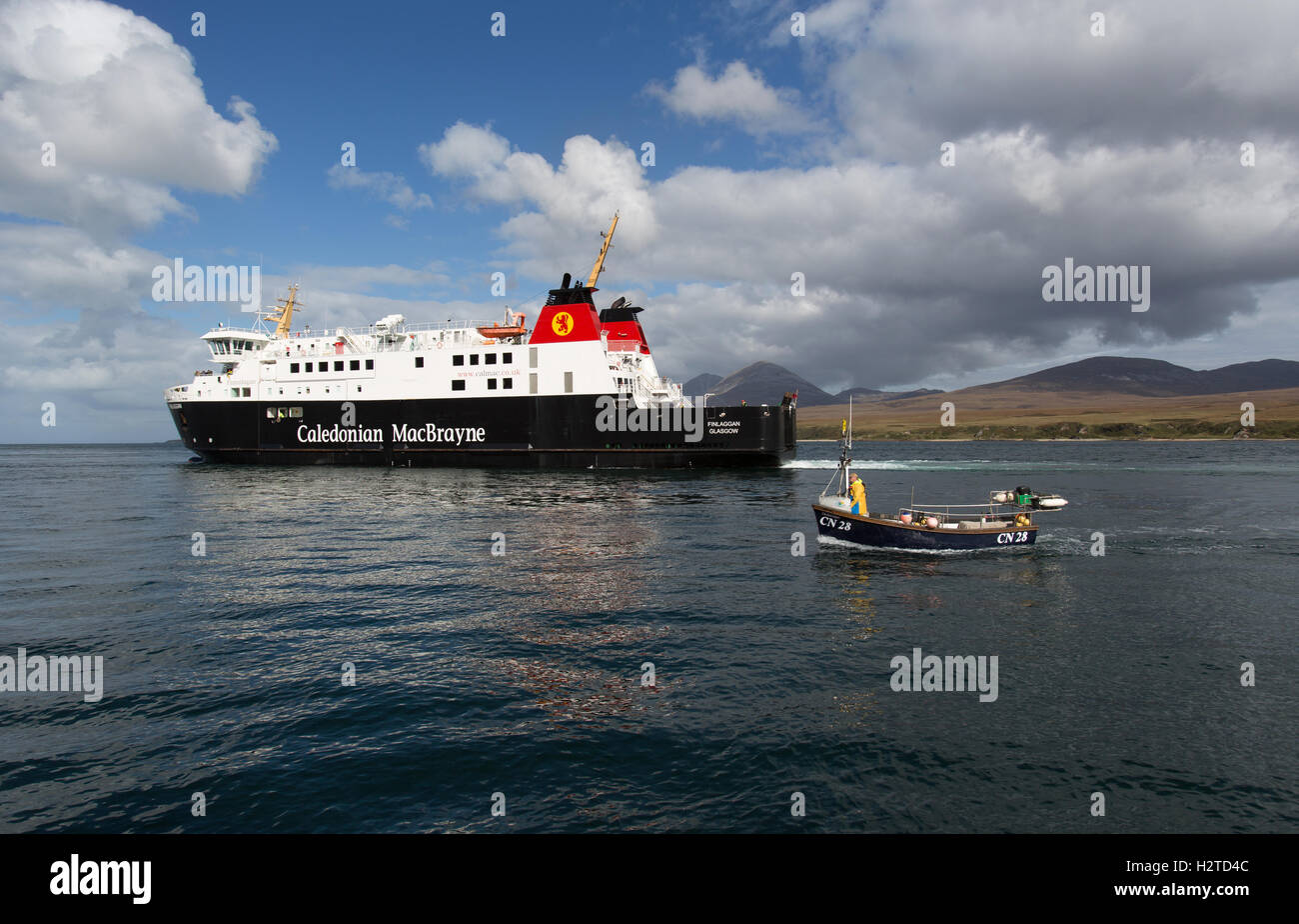 Isle of Islay, Scotland. The CalMac ferry MV Finlaggan transiting the Sound of Islay, with the