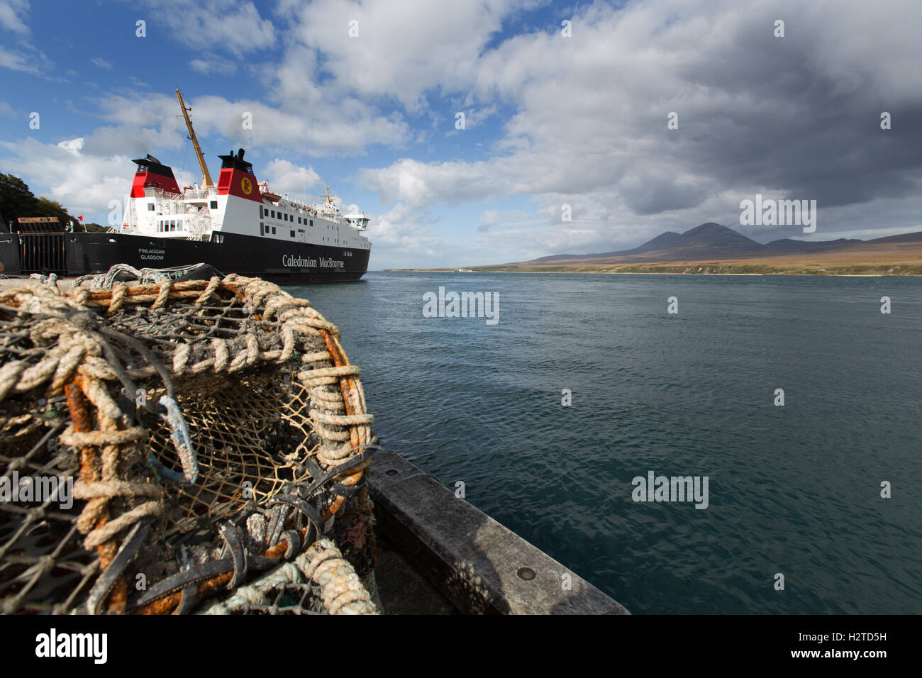 Isle of Islay, Scotland. Picturesque view of the CalMac ferry, MV Finlaggan, docked at Islay’s