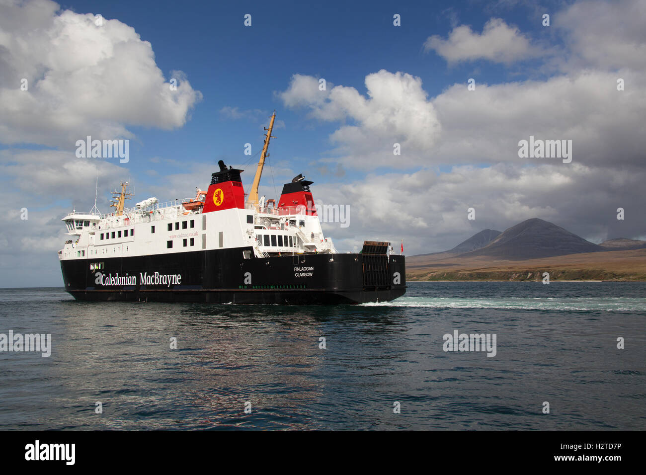 Isle of Islay, Scotland. The CalMac ferry MV Finlaggan transiting the Sound of Islay, with the