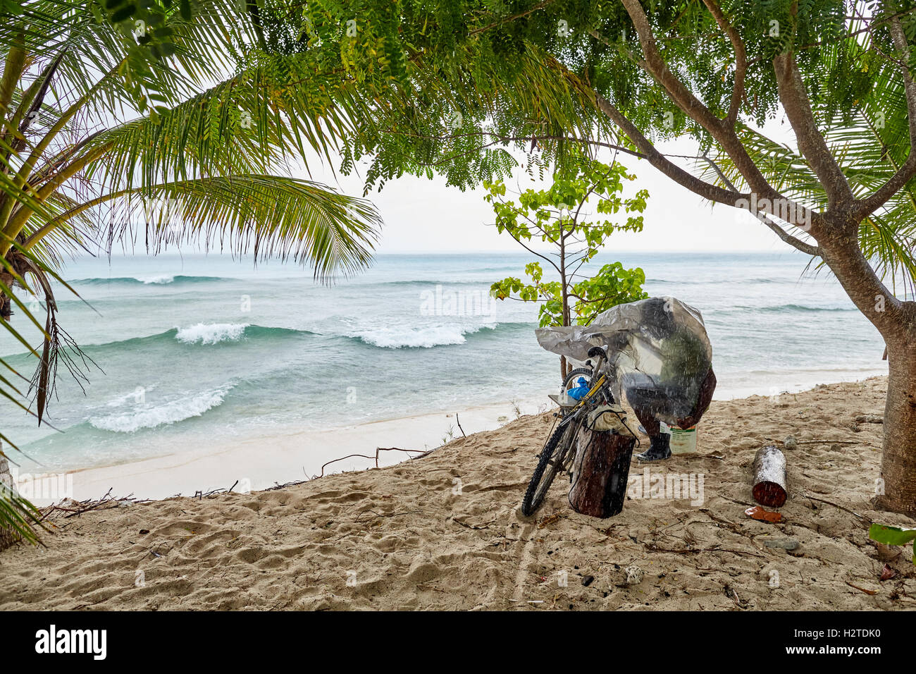 Barbados fisherman skinning bike   Hastings beach Savannah Hotel native fisherman working under tar poling sheet cycle fish sand Stock Photo