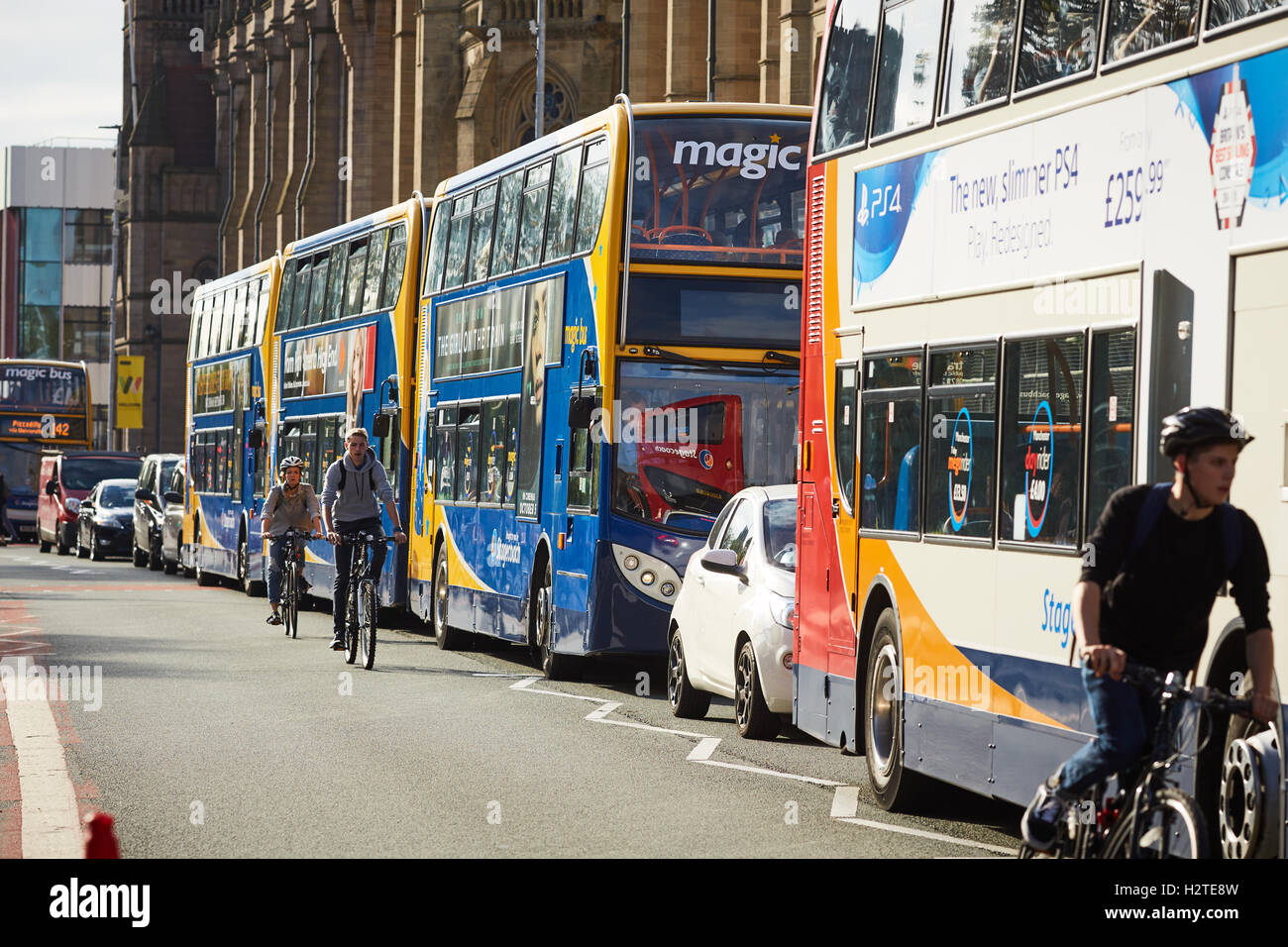 Manchester University oxford road buses Bus buses stopped double decker  single fleet coach company fleet livery route services Stock Photo - Alamy