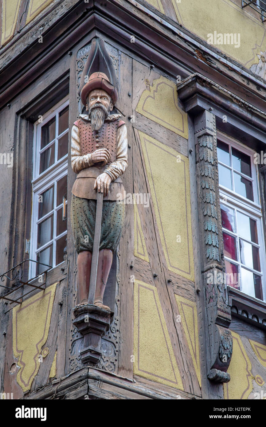Wooden carving on the maison zum Kragen, Colmar, Alsace, France Stock Photo