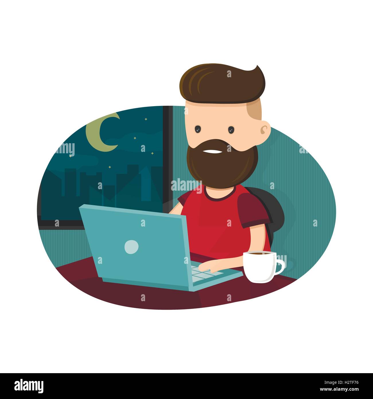 Young men hipster character sitting at a laptop and  working overtime late night. Freelance work. Flat vector illustration. Isol Stock Vector