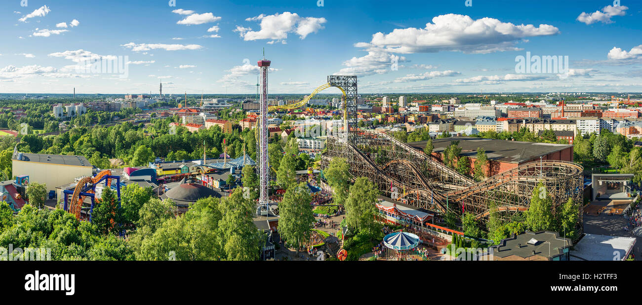 July 2016, amusement park in Helsinki (Finland) called Linnanmaki, panorama Stock Photo