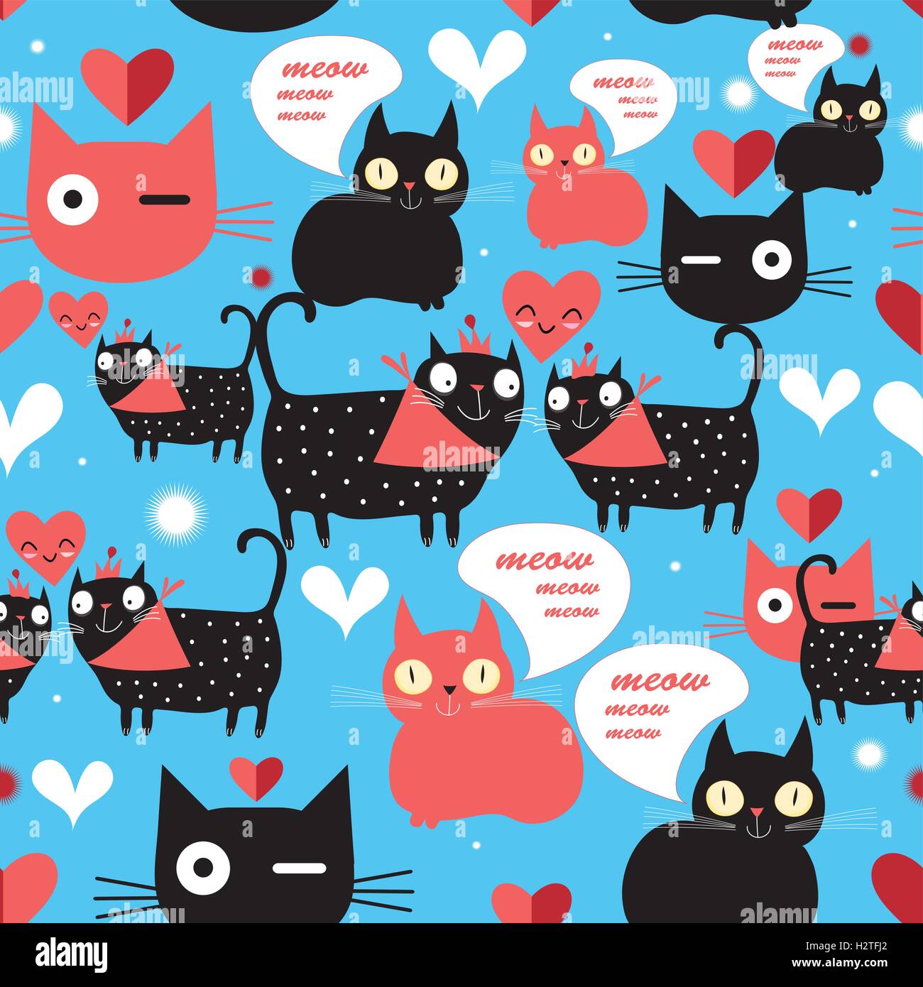 Seamless graphic pattern with lovers cats and hearts on a blue ...
