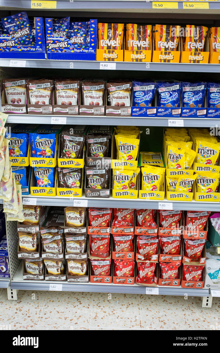 Sweets and chocolates for sale Interior of a Morrisons supermarket
