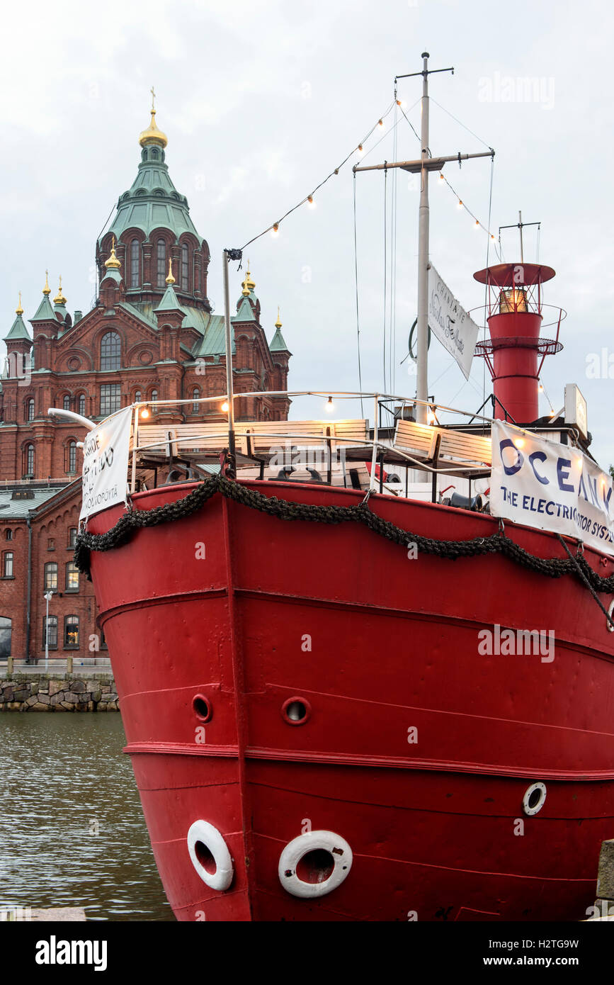 Restaurant in lightship in North-Port and orthodox Uspenski-cathedral, Helsinki, Finland Stock Photo