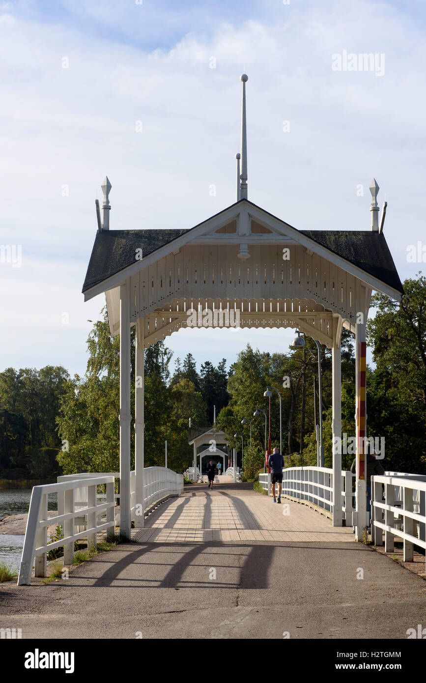 wooden bridge, openair museum on island Seurasaari, Helsinki, Finland Stock Photo