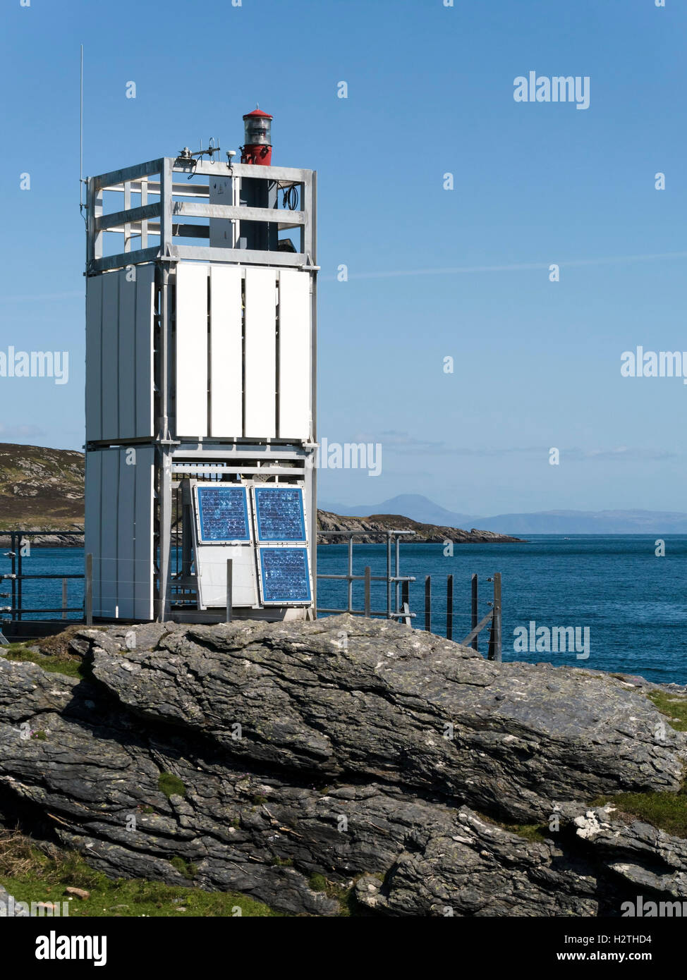 Modern solar powered lighthouse, Scalasaig, Isle of Colonsay, Scotland, UK. Stock Photo