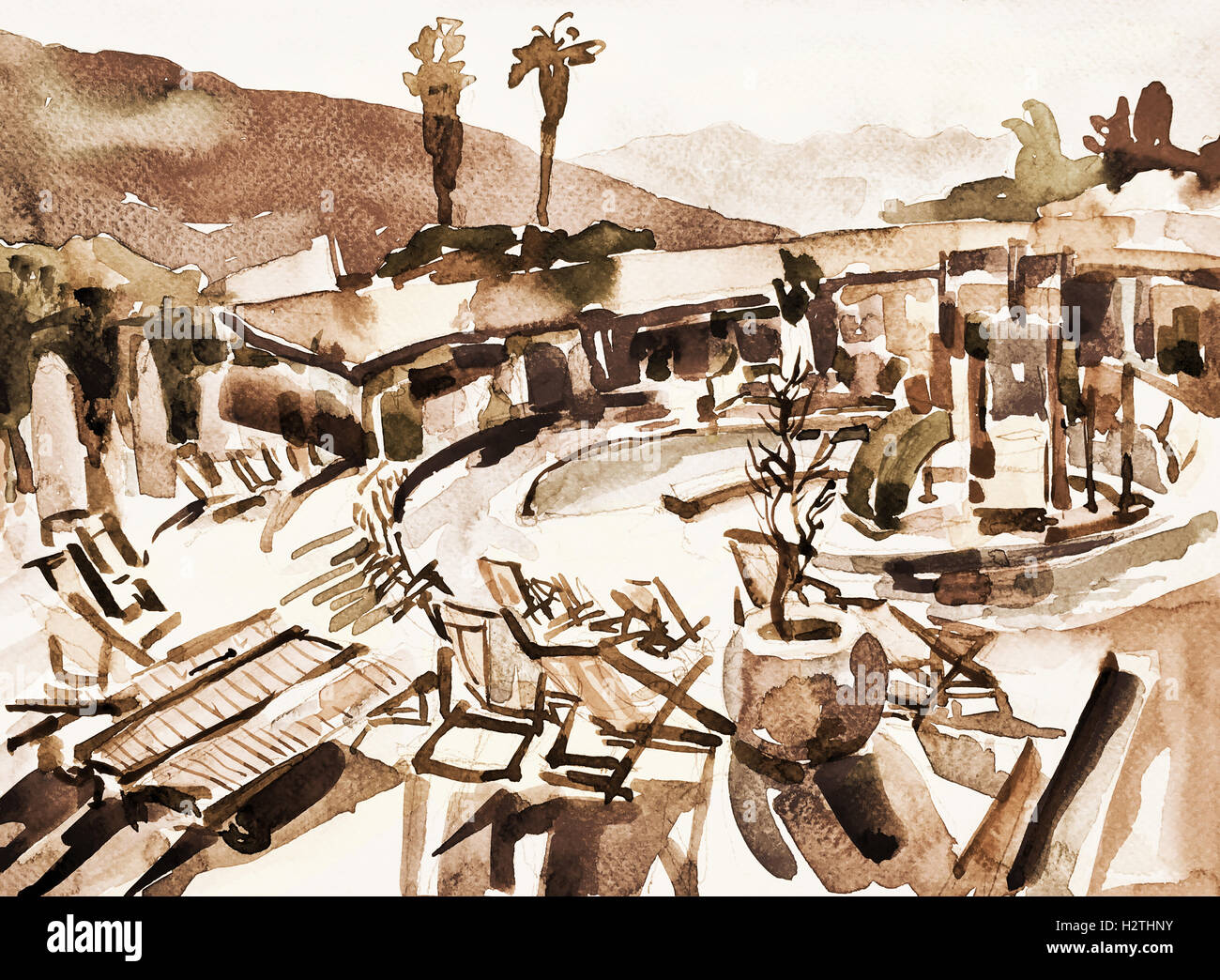 watercolor sketch drawing of swimming pool landscape in Budva Mo Stock ...