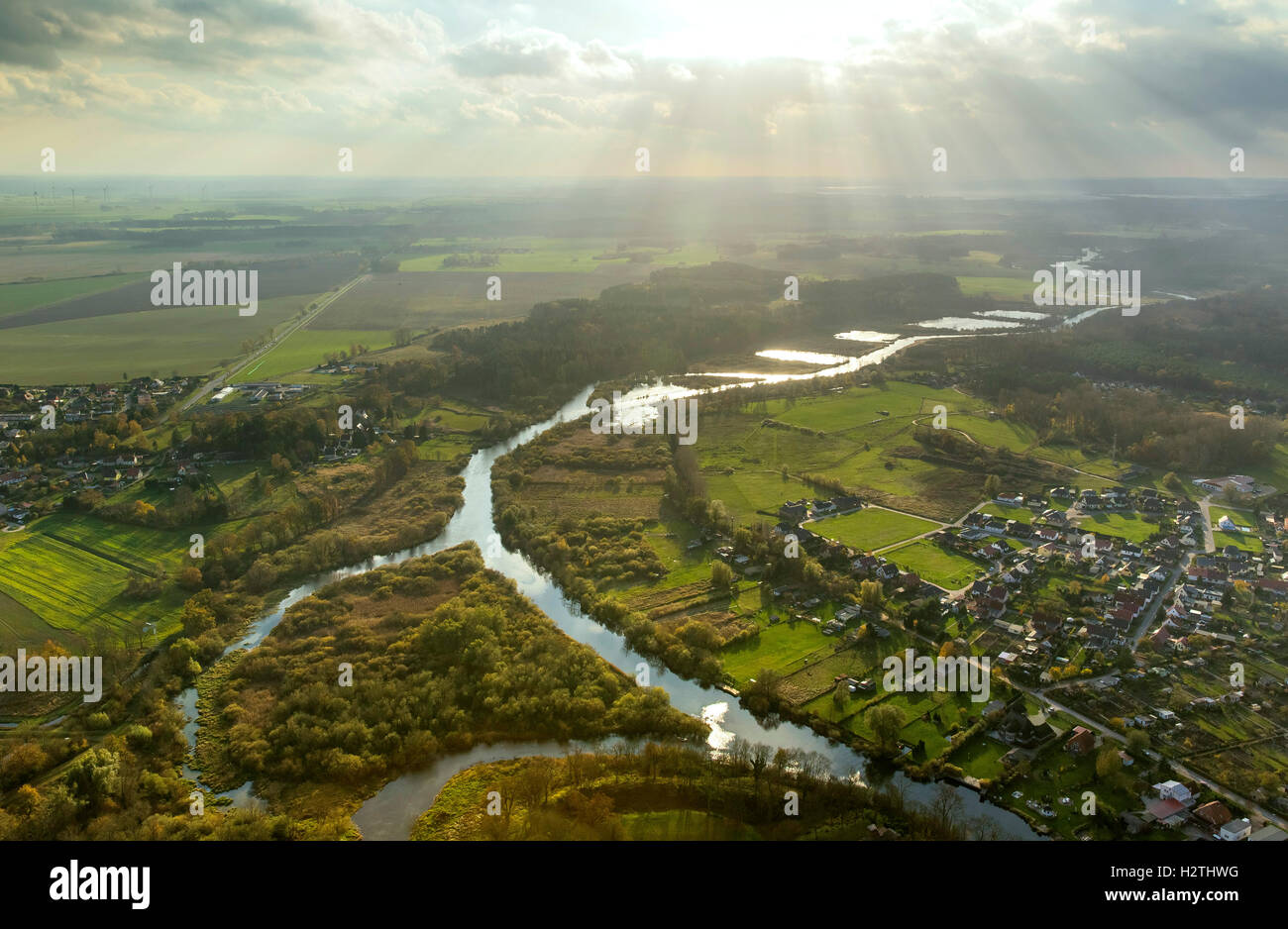 Aerial picture, Peene flows by Demmin, Hanseatic town Demmin, Demmin, Müritz sea scenery, Mecklenburg-West Pomerania, Germany, Stock Photo