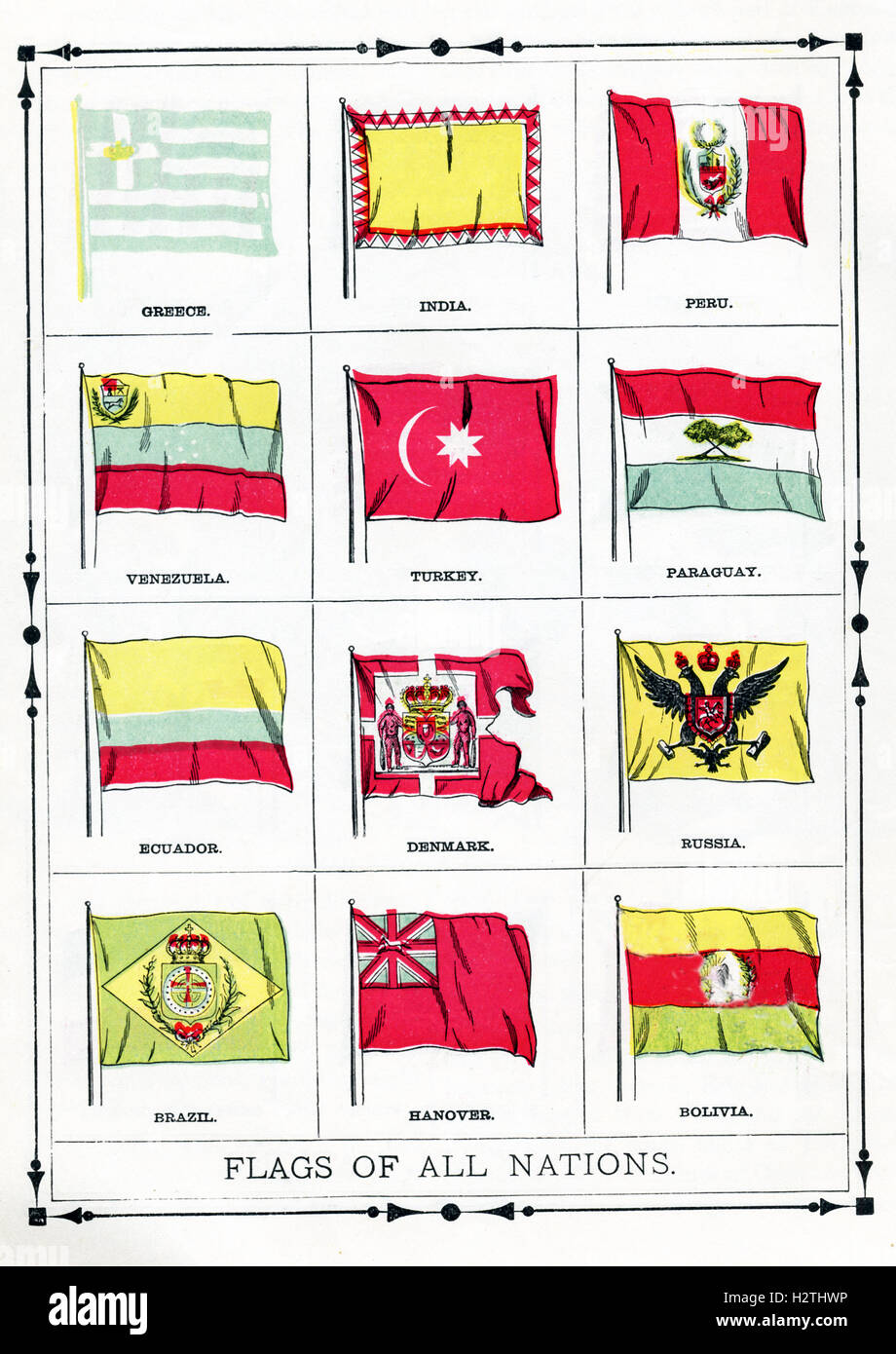 This illustration of national flags dates to 1896. They are, from left to right, top to bottom: Greece, India, Peru, Venezuela, Turkey, Paraguay, Ecuador, Denmark, Russia, Brazil, Hanover, Bolivia. Stock Photo