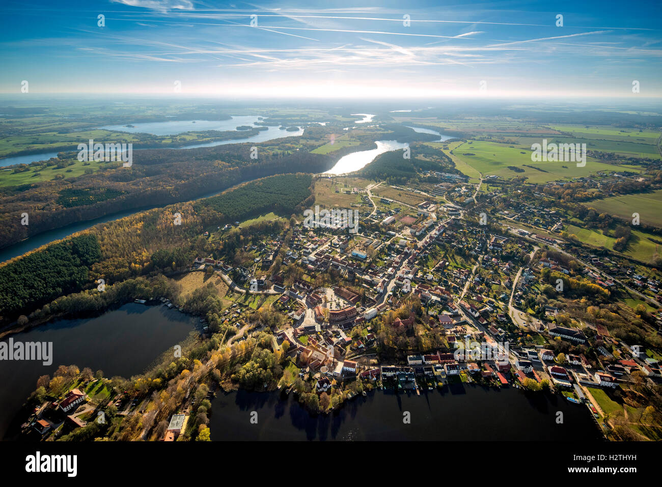 Aerial picture, back light, field mountain, Feldberger sea scenery, Müritz sea scenery, Mecklenburg-West Pomerania, Germany, Stock Photo