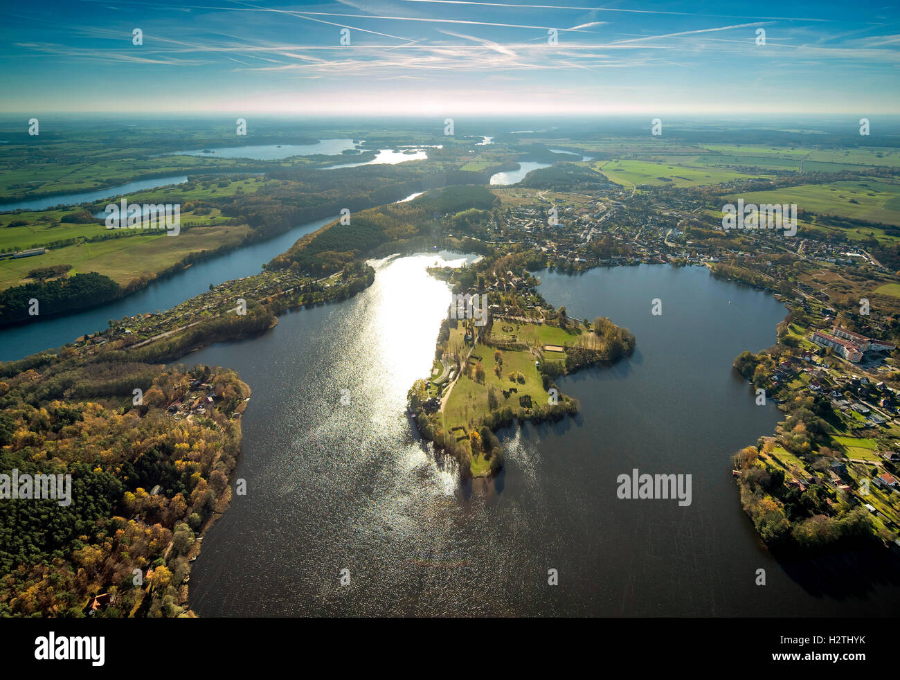 Aerial picture, back light, field mountain, Feldberger sea scenery, Müritz sea scenery, Mecklenburg-West Pomerania, Germany, Stock Photo