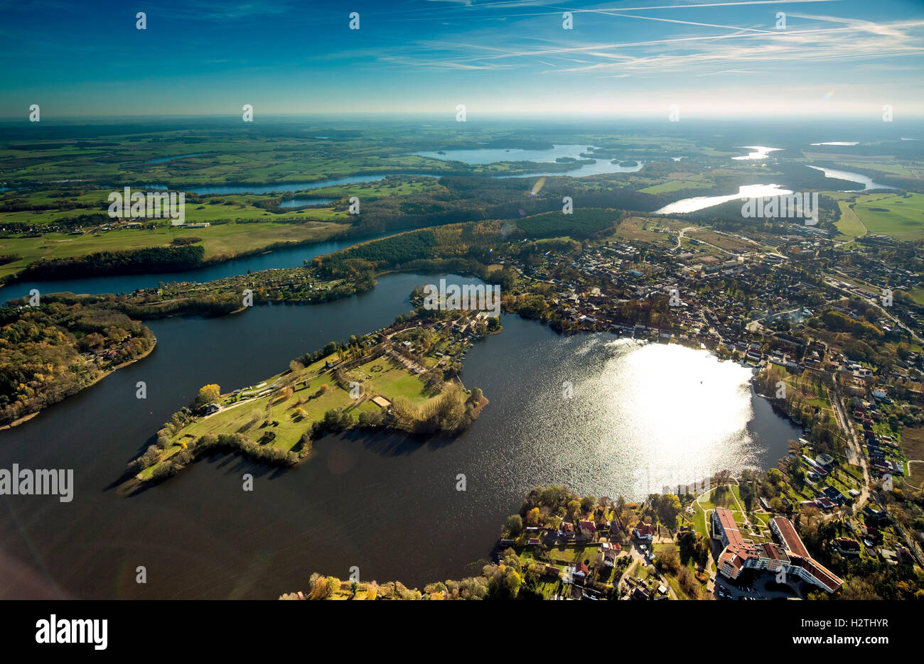 Aerial picture, back light, field mountain, Feldberger sea scenery, Müritz sea scenery, Mecklenburg-West Pomerania, Germany, Stock Photo