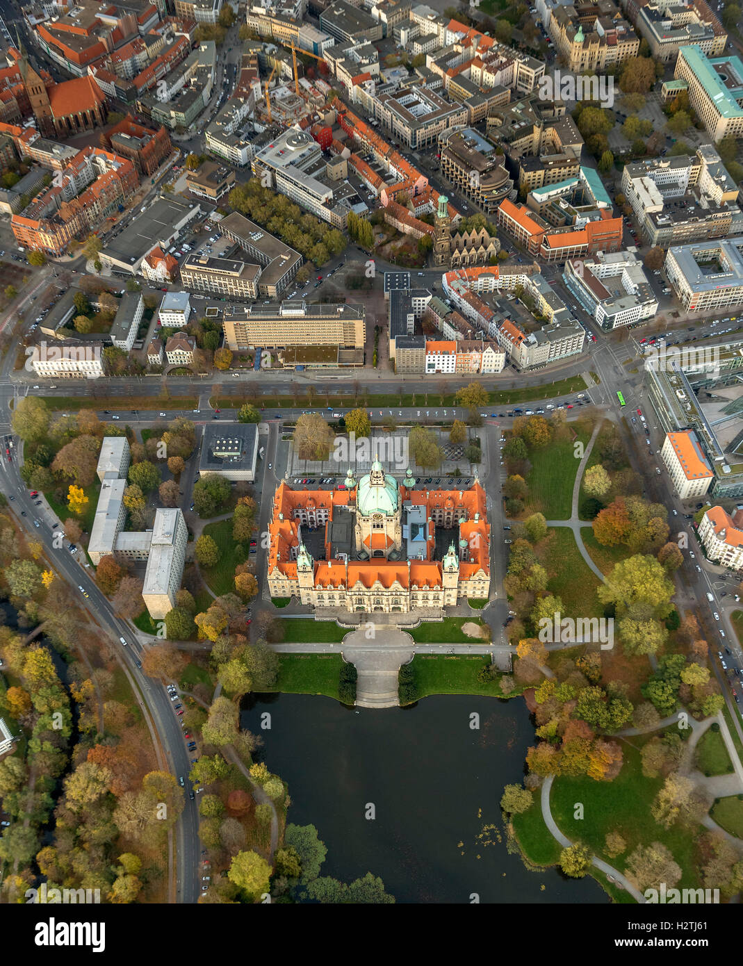 Aerial picture, new city hall of Hannover in the Maschteich, city administration Hannover, green copper roof, Maschpark Hannover Stock Photo