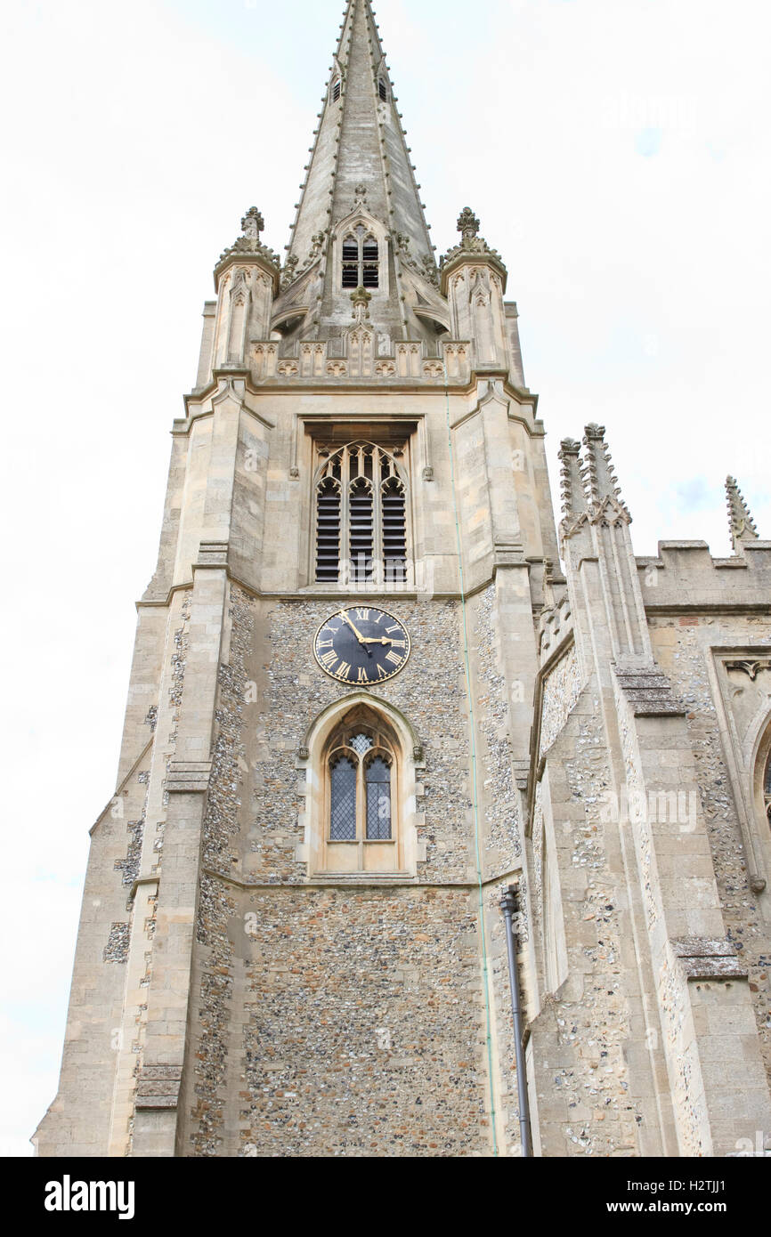 Tower and spire of the Parish Church of St. Mary the Virgin in Saffron Walden, Essex, England. Stock Photo