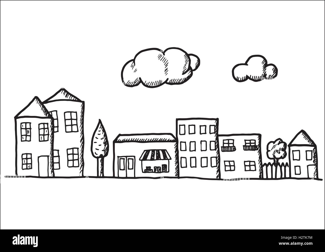 Hand Drawn Doodle Town Black And White Pen Objects Design Stock