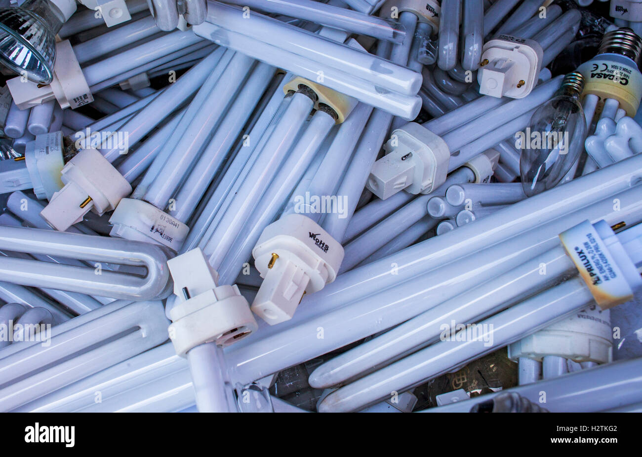 lamps for disposal at a recycling yard, recycling center Stock Photo