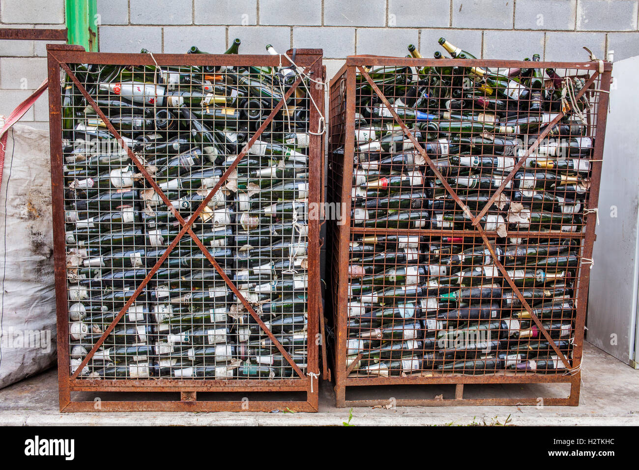Bottles of champagne storage to recycle, recycling center Stock Photo