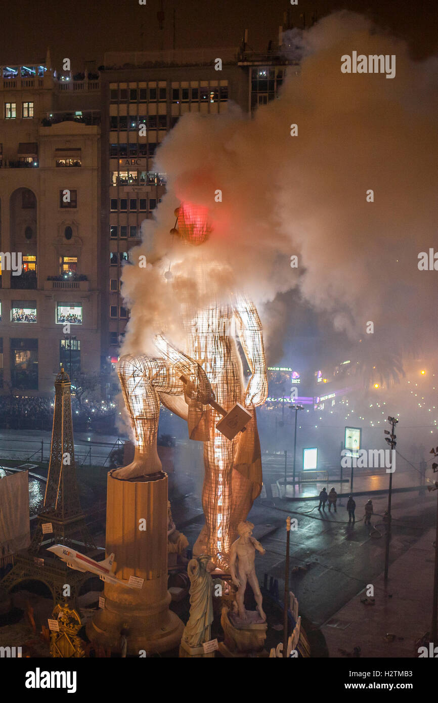 Crema, burning, Falla of Plaza del Ayuntamiento,Fallas festival,Valencia,Spain Stock Photo