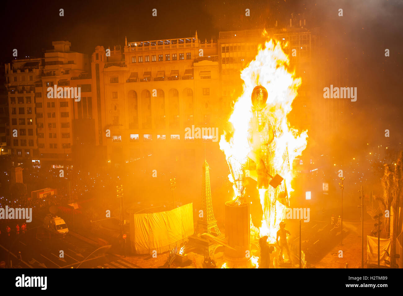 Crema, burning, Falla of Plaza del Ayuntamiento,Fallas festival,Valencia,Spain Stock Photo