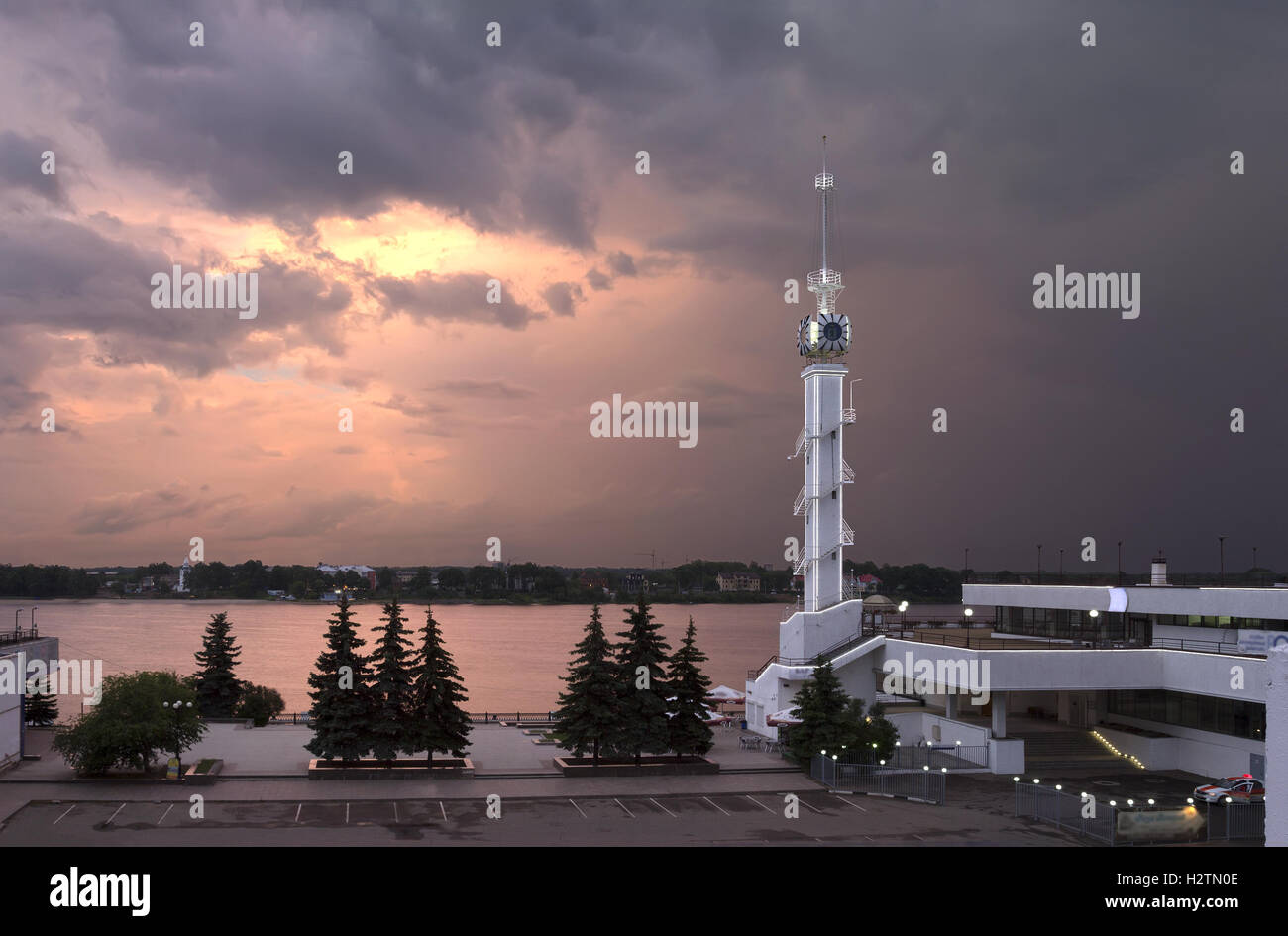 Sunset over the Volga River. River port in Yaroslavl. Russia. Stock Photo