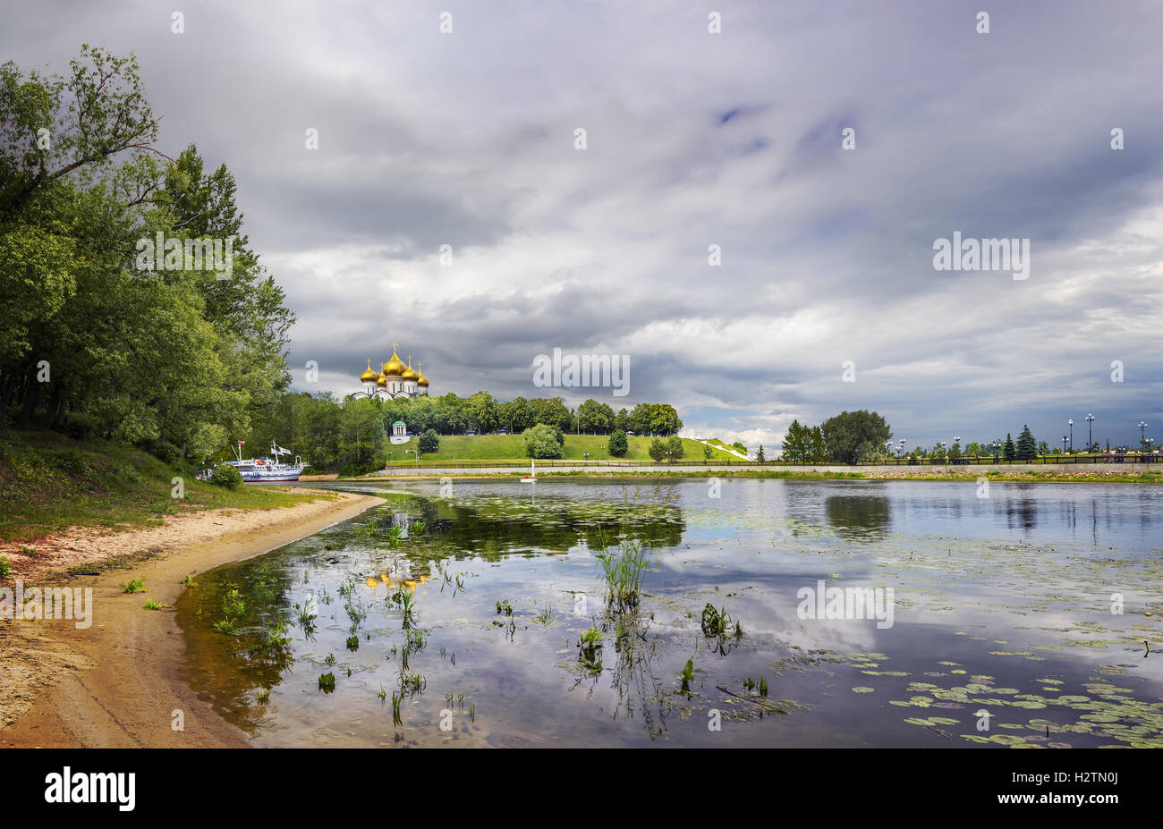 Panoramic views of the river Kostorosl, the Assumption Cathedral and the waterfront 'Arrows' from the island Damanskii. Stock Photo