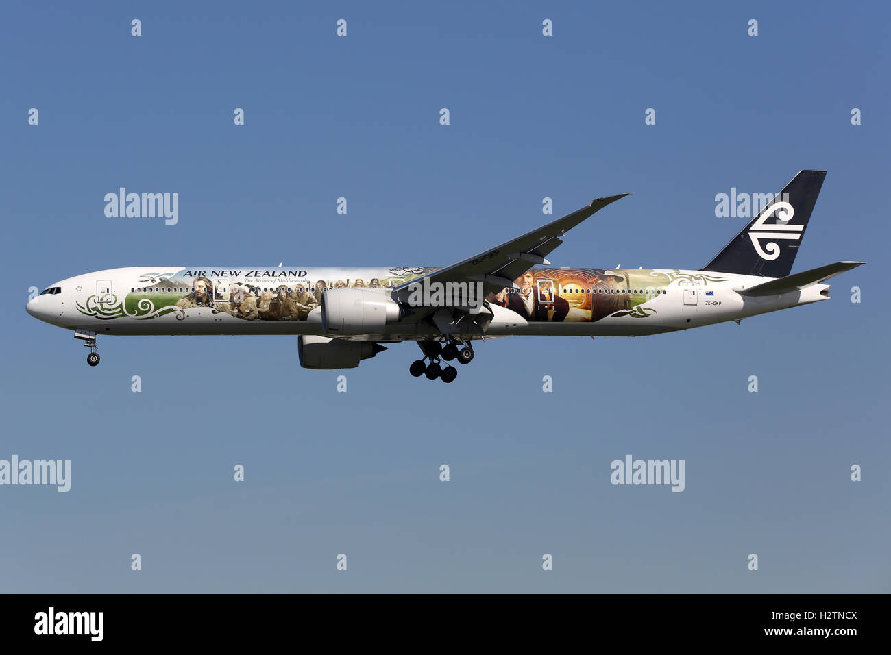 Los Angeles, USA - February 21, 2016: An Air New Zealand Boeing 777-300ER with the special livery The Hobbit and the registratio Stock Photo