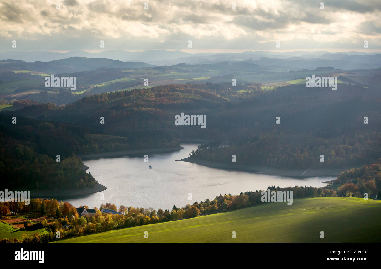 Aerial view, Hennesee, Henne Lake, reservoir, Meschede