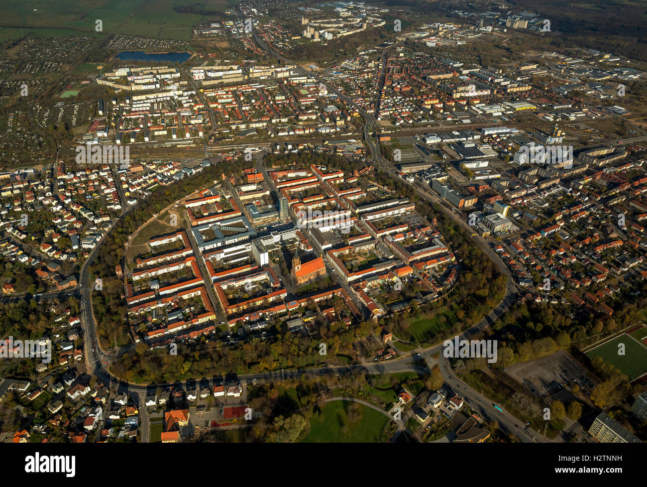 Aerial view, Neubrandenburg, fourgate City, the four gates, medieval